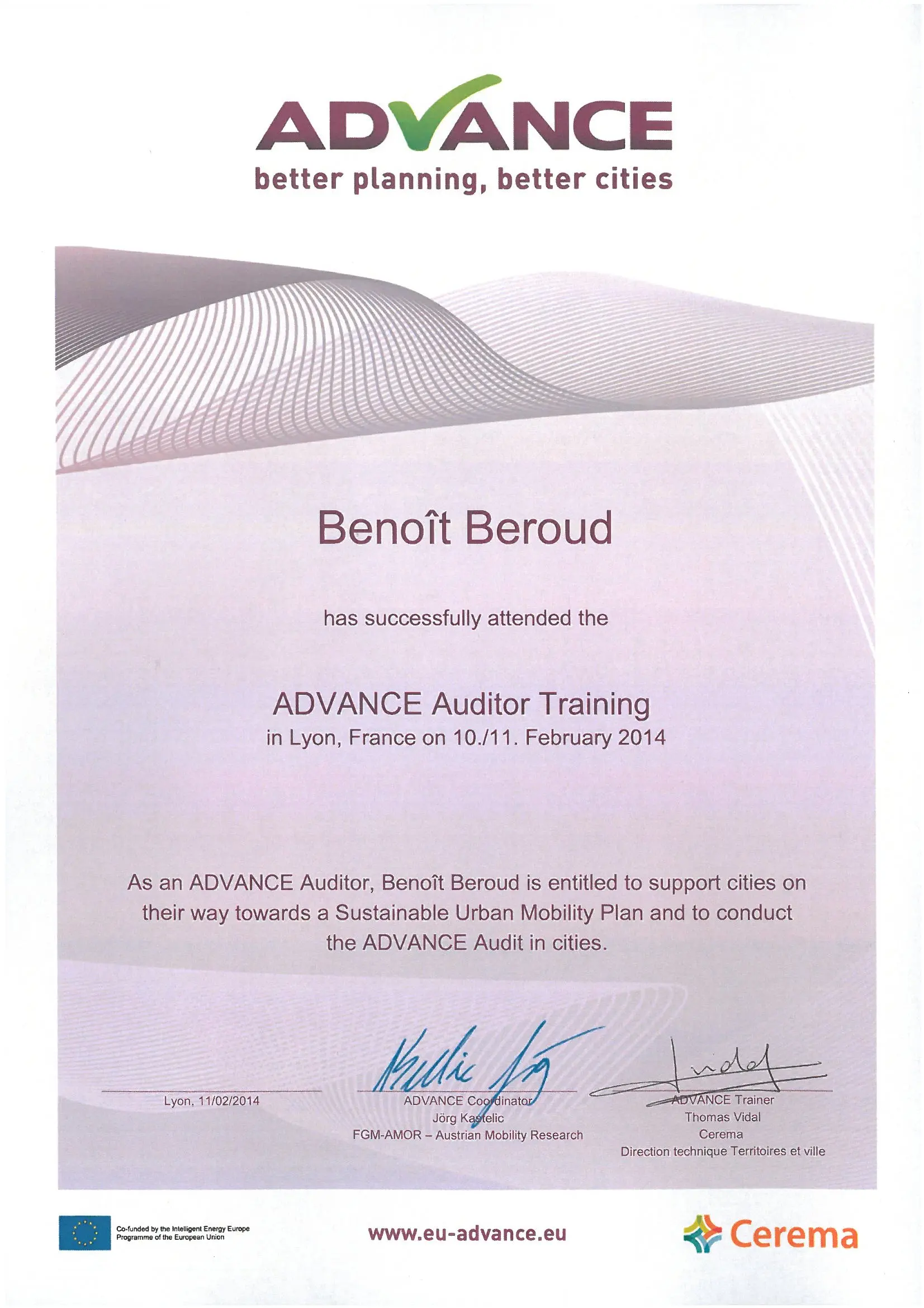ADVANCE Auditor's Certificate in Urban Mobility Policy (CEREMA, 2014)